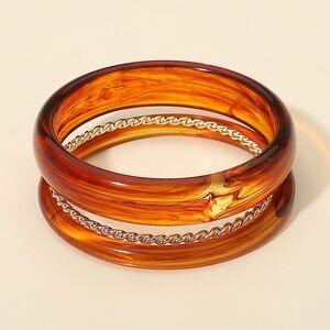 Brown Chunky 3 Piece Stack Marbled Resin Bangle Bracelets Layered Jewelry Set
